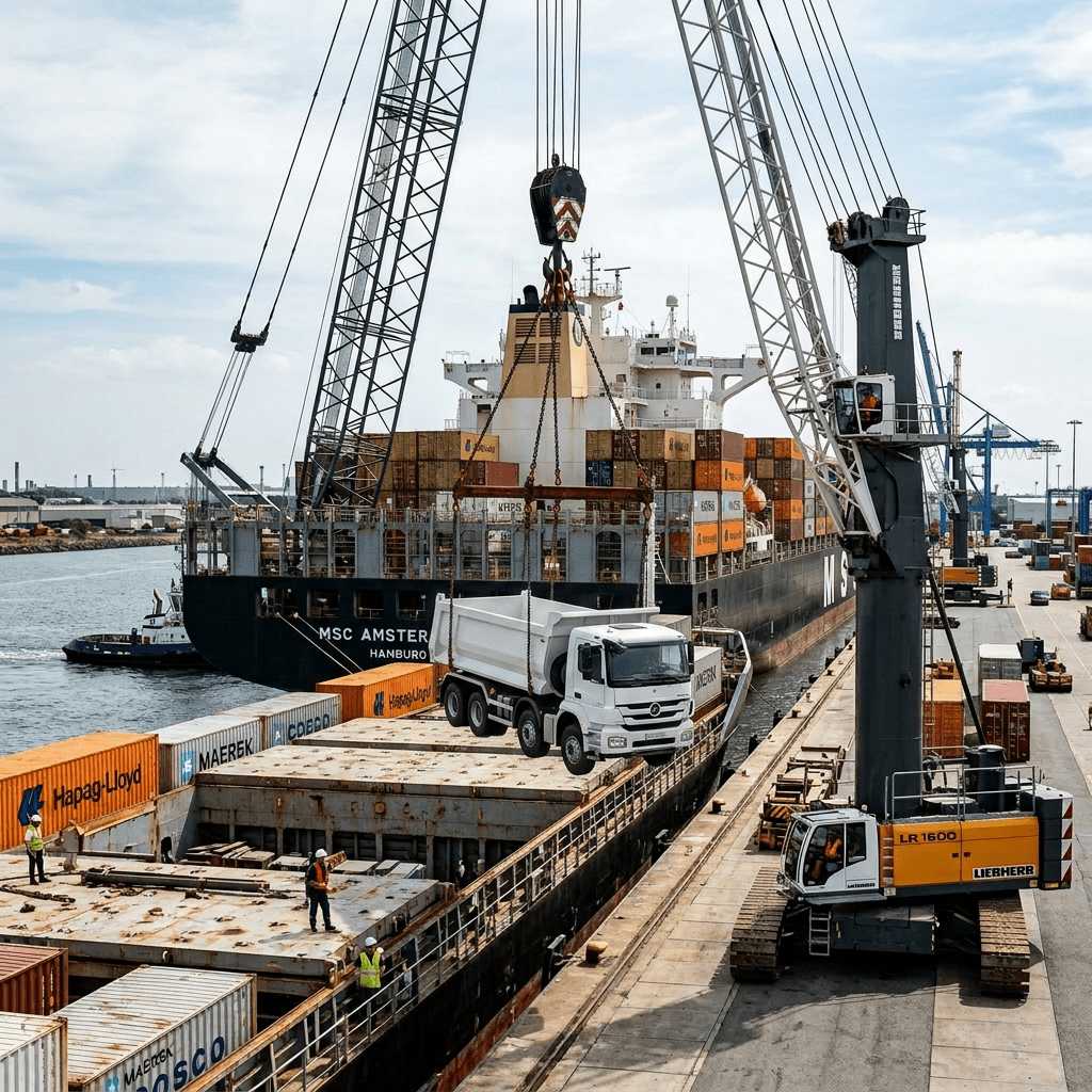 Crane lifting a truck container onto a cargo ship at a port with workers managing the operation
