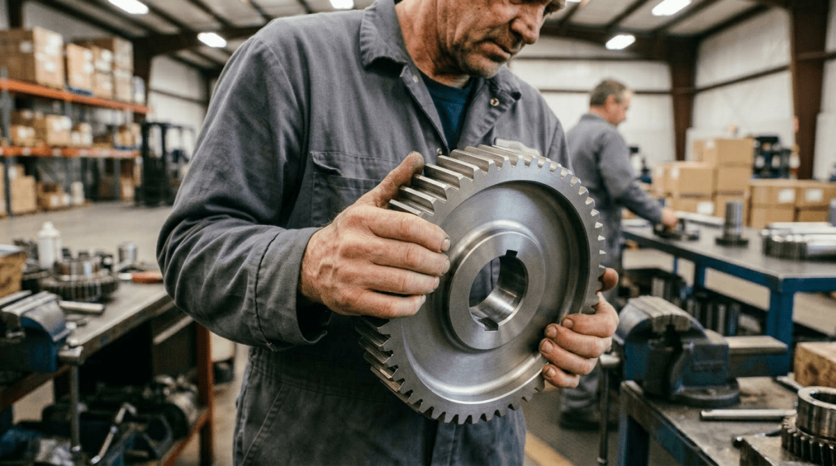Machinist holding and inspecting a large metal gear in a workshop